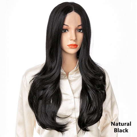 Qp hairMONIXI Synthetic Natural Layered Wig Long Wavy Wig for Women Black Brown Middle Part Wigs for Daily Party Heat Resistant Hair