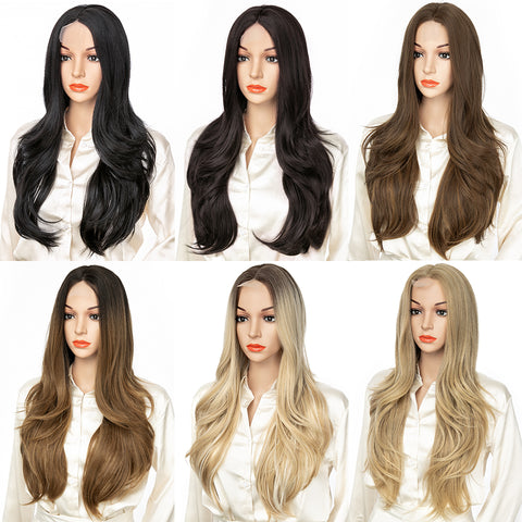 Qp hairMONIXI Synthetic Natural Layered Wig Long Wavy Wig for Women Black Brown Middle Part Wigs for Daily Party Heat Resistant Hair