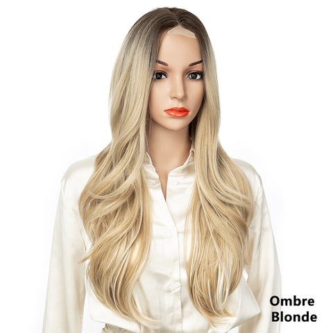 Qp hairMONIXI Synthetic Natural Layered Wig Long Wavy Wig for Women Black Brown Middle Part Wigs for Daily Party Heat Resistant Hair