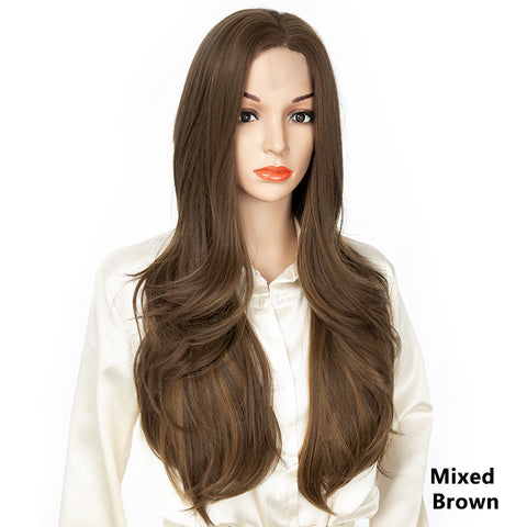 Qp hairMONIXI Synthetic Natural Layered Wig Long Wavy Wig for Women Black Brown Middle Part Wigs for Daily Party Heat Resistant Hair