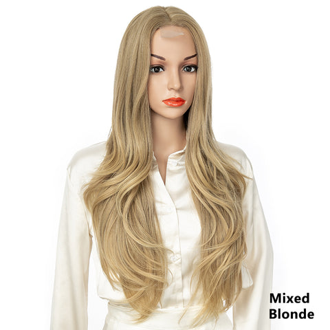 Qp hairMONIXI Synthetic Natural Layered Wig Long Wavy Wig for Women Black Brown Middle Part Wigs for Daily Party Heat Resistant Hair