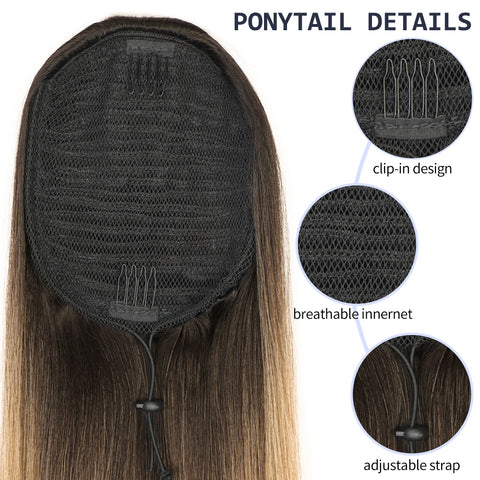 Qp hairMONIXI Synthetic Ombre Blonde Ponytail Long Straight Drawstring Ponytail Hair Extensions for Women Natural Black Daily Hairpiece