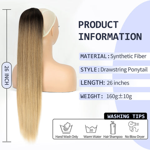 Qp hairMONIXI Synthetic Ombre Blonde Ponytail Long Straight Drawstring Ponytail Hair Extensions for Women Natural Black Daily Hairpiece