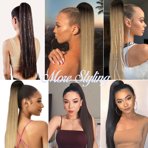 Qp hairMONIXI Synthetic Ombre Blonde Ponytail Long Straight Drawstring Ponytail Hair Extensions for Women Natural Black Daily Hairpiece
