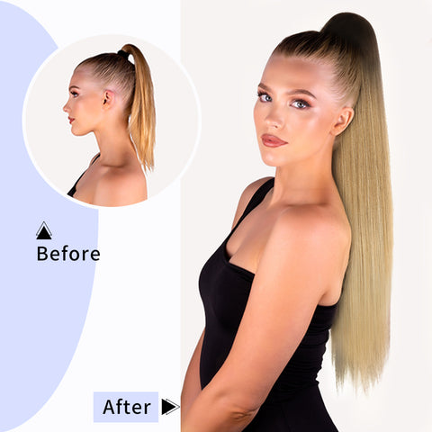 Qp hairMONIXI Synthetic Ombre Blonde Ponytail Long Straight Drawstring Ponytail Hair Extensions for Women Natural Black Daily Hairpiece