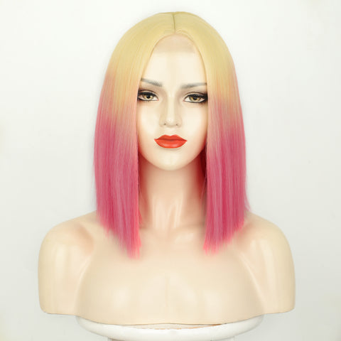 Qp hairMONIXI Synthetic Short Bob Wig with Bangs 12 Inch Blonde And Red Straight Cosplay Wigs for Women Blue Purple Yellow Wig