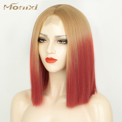 Qp hairMONIXI Synthetic Short Bob Wig with Bangs 12 Inch Blonde And Red Straight Cosplay Wigs for Women Blue Purple Yellow Wig