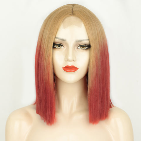 Qp hairMONIXI Synthetic Short Bob Wig with Bangs 12 Inch Blonde And Red Straight Cosplay Wigs for Women Blue Purple Yellow Wig