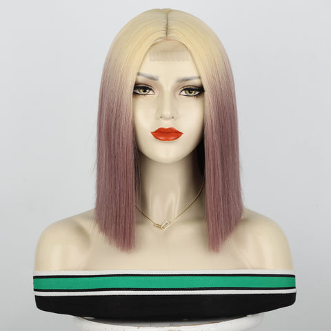 Qp hairMONIXI Synthetic Short Bob Wig with Bangs 12 Inch Blonde And Red Straight Cosplay Wigs for Women Blue Purple Yellow Wig