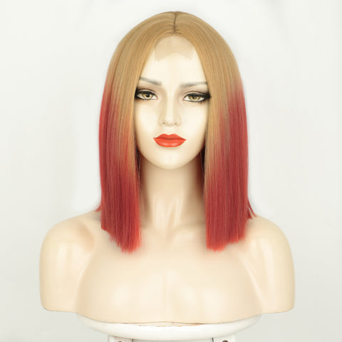 Qp hairMONIXI Synthetic Short Bob Wig with Bangs 12 Inch Blonde And Red Straight Cosplay Wigs for Women Blue Purple Yellow Wig