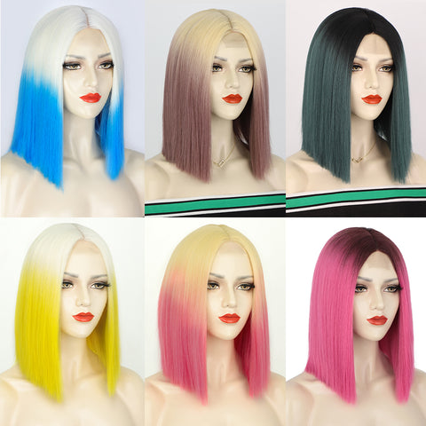 Qp hairMONIXI Synthetic Short Bob Wig with Bangs 12 Inch Blonde And Red Straight Cosplay Wigs for Women Blue Purple Yellow Wig