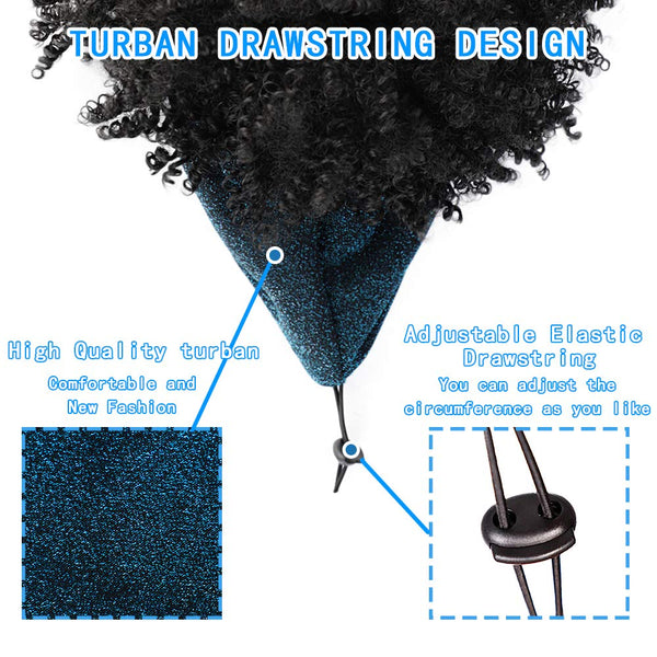 Qp hairMONIXI Synthetic Short Headband Wigs Black Afro Kinky Curly Wig with Bangs Blue Turban Head Wrap Wigs for Women