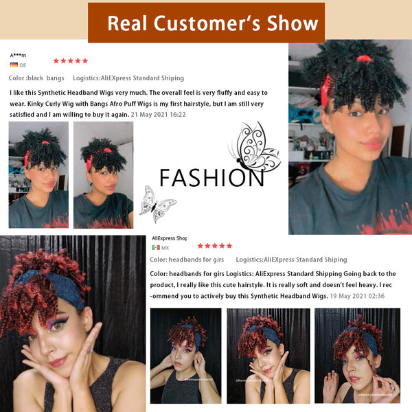Qp hairMONIXI Synthetic Short Headband Wigs Black Afro Kinky Curly Wig with Bangs Blue Turban Head Wrap Wigs for Women