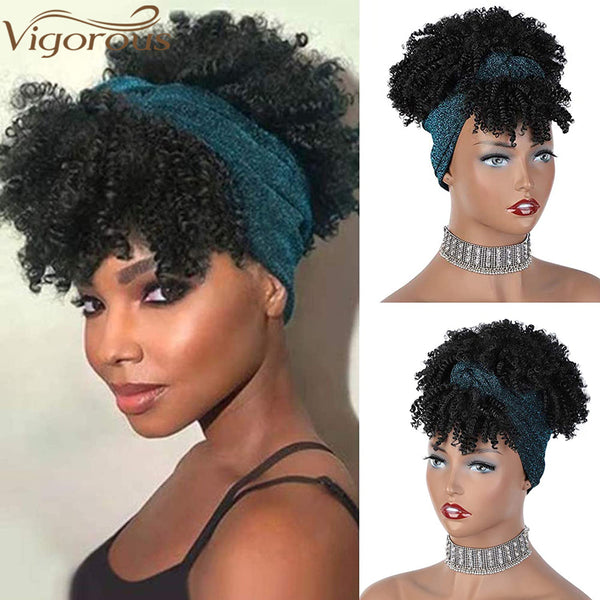 Qp hairMONIXI Synthetic Short Headband Wigs Black Afro Kinky Curly Wig with Bangs Blue Turban Head Wrap Wigs for Women