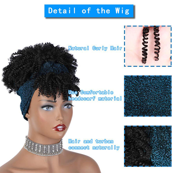 Qp hairMONIXI Synthetic Short Headband Wigs Black Afro Kinky Curly Wig with Bangs Blue Turban Head Wrap Wigs for Women