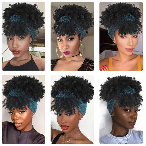 Qp hairMONIXI Synthetic Short Headband Wigs Black Afro Kinky Curly Wig with Bangs Blue Turban Head Wrap Wigs for Women
