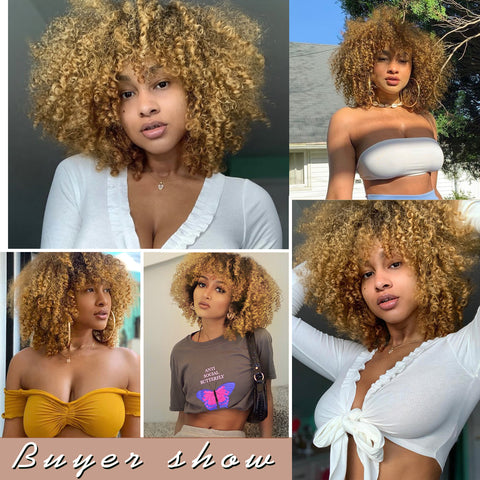 Qp hairMONIXI Synthetic Short Kinky Curly Wigs for Women Brown to Blonde Wig with Bangs Synthetic Heat Resistant Hair Wig for Daily Use