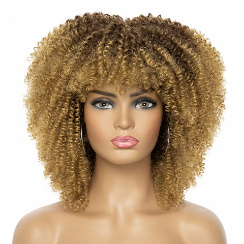 Qp hairMONIXI Synthetic Short Kinky Curly Wigs for Women Brown to Blonde Wig with Bangs Synthetic Heat Resistant Hair Wig for Daily Use