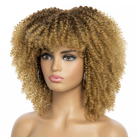 Qp hairMONIXI Synthetic Short Kinky Curly Wigs for Women Brown to Blonde Wig with Bangs Synthetic Heat Resistant Hair Wig for Daily Use