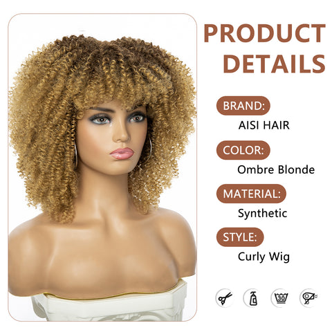 Qp hairMONIXI Synthetic Short Kinky Curly Wigs for Women Brown to Blonde Wig with Bangs Synthetic Heat Resistant Hair Wig for Daily Use