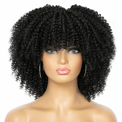 Qp hairMONIXI Synthetic Short Kinky Curly Wigs for Women Brown to Blonde Wig with Bangs Synthetic Heat Resistant Hair Wig for Daily Use