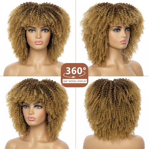 Qp hairMONIXI Synthetic Short Kinky Curly Wigs for Women Brown to Blonde Wig with Bangs Synthetic Heat Resistant Hair Wig for Daily Use