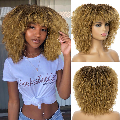 Qp hairMONIXI Synthetic Short Kinky Curly Wigs for Women Brown to Blonde Wig with Bangs Synthetic Heat Resistant Hair Wig for Daily Use