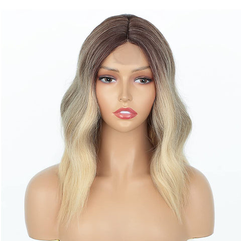 Qp hairMONIXI Synthetic Short Ombre Blonde Wigs for Women Dark Roots Blonde Bob Wavy Wigs Natural Synthetic Wig for Daily Party Use