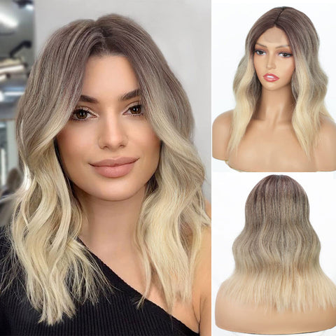 Qp hairMONIXI Synthetic Short Ombre Blonde Wigs for Women Dark Roots Blonde Bob Wavy Wigs Natural Synthetic Wig for Daily Party Use