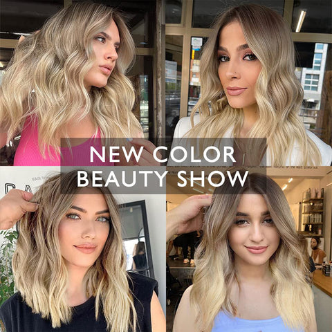 Qp hairMONIXI Synthetic Short Ombre Blonde Wigs for Women Dark Roots Blonde Bob Wavy Wigs Natural Synthetic Wig for Daily Party Use