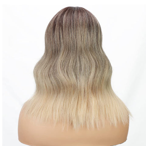 Qp hairMONIXI Synthetic Short Ombre Blonde Wigs for Women Dark Roots Blonde Bob Wavy Wigs Natural Synthetic Wig for Daily Party Use