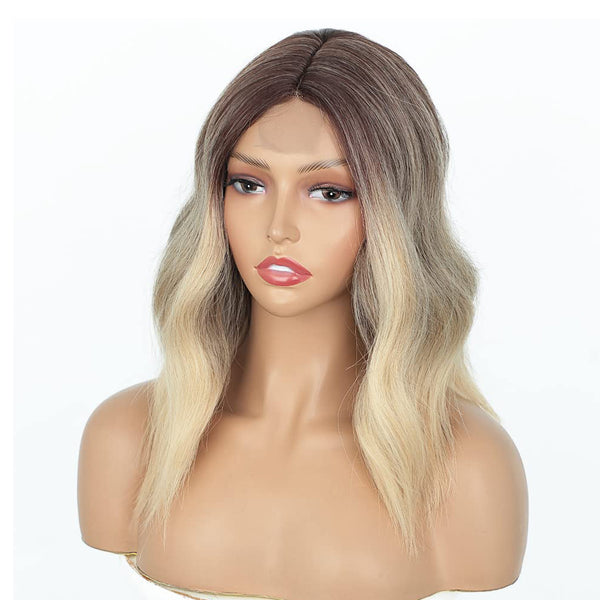 Qp hairMONIXI Synthetic Short Ombre Blonde Wigs for Women Dark Roots Blonde Bob Wavy Wigs Natural Synthetic Wig for Daily Party Use