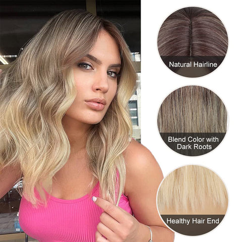 Qp hairMONIXI Synthetic Short Ombre Blonde Wigs for Women Dark Roots Blonde Bob Wavy Wigs Natural Synthetic Wig for Daily Party Use