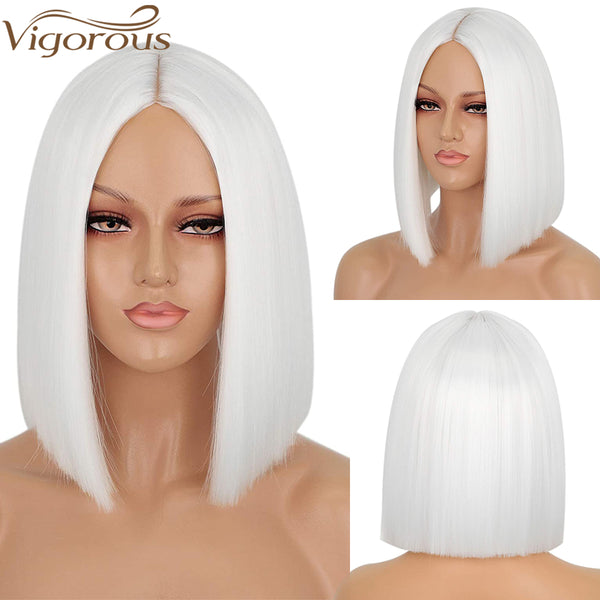 Qp hairMONIXI Synthetic Short Straight Bob Wig 12 Inces White Wigs for Women Pink Blue Yellow Colorful Cosplay Wig Heat Resistant