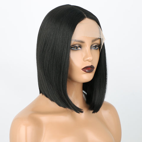 Qp hairMONIXI Synthetic Short Straight T-part Lace Front Wigs Black Synthetic Lace Wigs for Women Synthetic Bob Wig Middle Part Hairs