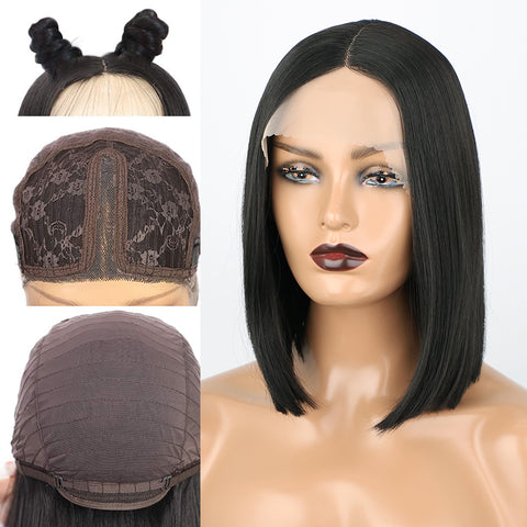 Qp hairMONIXI Synthetic Short Straight T-part Lace Front Wigs Black Synthetic Lace Wigs for Women Synthetic Bob Wig Middle Part Hairs