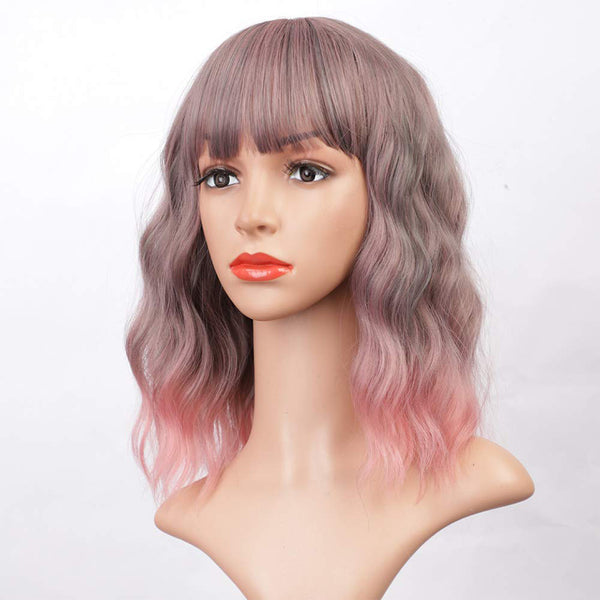 Qp hairMONIXI Synthetic Short Wave Wig with Bangs Pink Bob Wigs for Women Synthetic Shoulder Length Natural Looking Daily Use