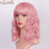 Qp hairMONIXI Synthetic Short Wave Wig with Bangs Pink Bob Wigs for Women Synthetic Shoulder Length Natural Looking Daily Use