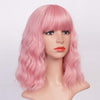 Qp hairMONIXI Synthetic Short Wave Wig with Bangs Pink Bob Wigs for Women Synthetic Shoulder Length Natural Looking Daily Use
