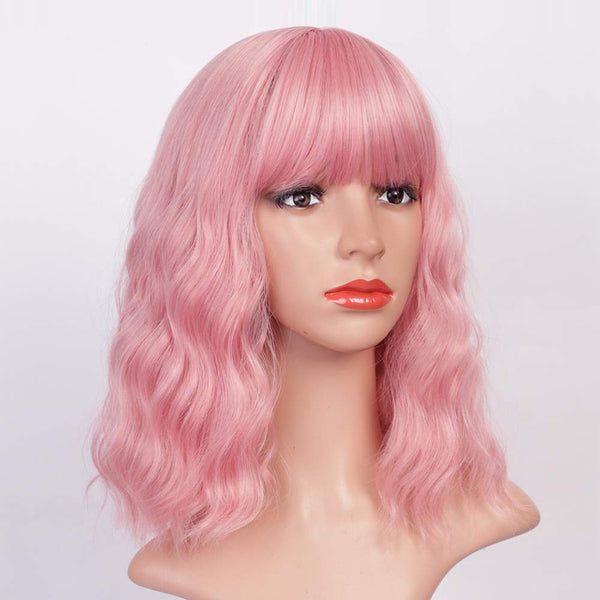 Qp hairMONIXI Synthetic Short Wave Wig with Bangs Pink Bob Wigs for Women Synthetic Shoulder Length Natural Looking Daily Use