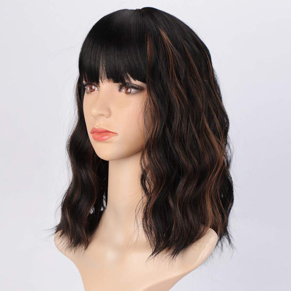 Qp hairMONIXI Synthetic Short Wave Wig with Bangs Pink Bob Wigs for Women Synthetic Shoulder Length Natural Looking Daily Use