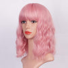 Qp hairMONIXI Synthetic Short Wave Wig with Bangs Pink Bob Wigs for Women Synthetic Shoulder Length Natural Looking Daily Use