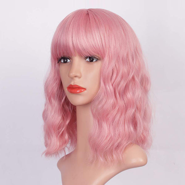 Qp hairMONIXI Synthetic Short Wave Wig with Bangs Pink Bob Wigs for Women Synthetic Shoulder Length Natural Looking Daily Use