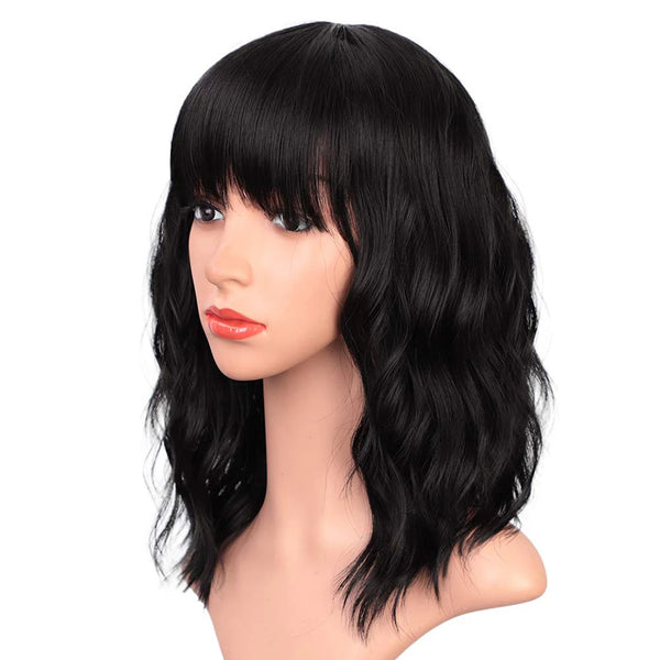 Qp hairMONIXI Synthetic Short Wave Wig with Bangs Pink Bob Wigs for Women Synthetic Shoulder Length Natural Looking Daily Use