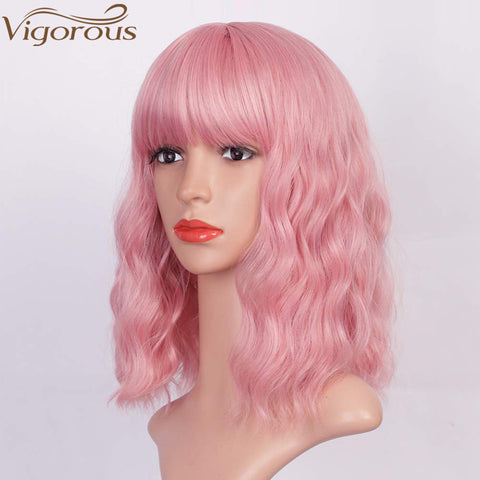 Qp hairMONIXI Synthetic Short Wave Wig with Bangs Pink Bob Wigs for Women Synthetic Shoulder Length Natural Looking Daily Use