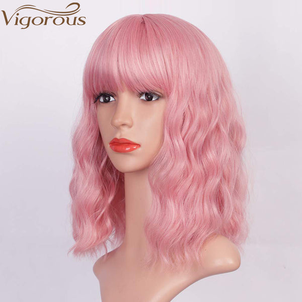 Qp hairMONIXI Synthetic Short Wave Wig with Bangs Pink Bob Wigs for Women Synthetic Shoulder Length Natural Looking Daily Use