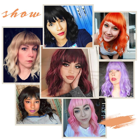 Qp hairMONIXI Synthetic Short Wave Wig with Bangs Pink Bob Wigs for Women Synthetic Shoulder Length Natural Looking Daily Use