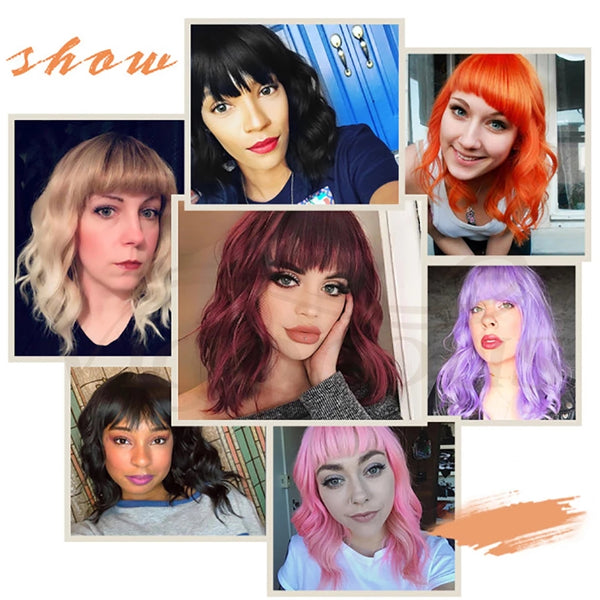 Qp hairMONIXI Synthetic Short Wave Wig with Bangs Pink Bob Wigs for Women Synthetic Shoulder Length Natural Looking Daily Use