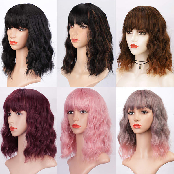 Qp hairMONIXI Synthetic Short Wave Wig with Bangs Pink Bob Wigs for Women Synthetic Shoulder Length Natural Looking Daily Use