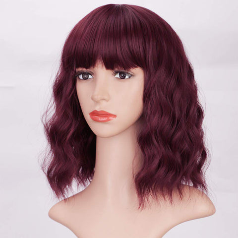 Qp hairMONIXI Synthetic Short Wave Wig with Bangs Pink Bob Wigs for Women Synthetic Shoulder Length Natural Looking Daily Use